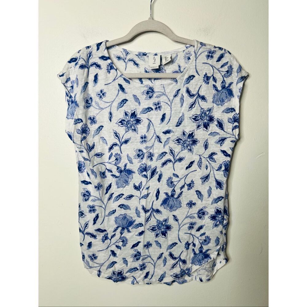 Joie White Linen Blue Floral Cap Sleeve Tee Shirt Sz L